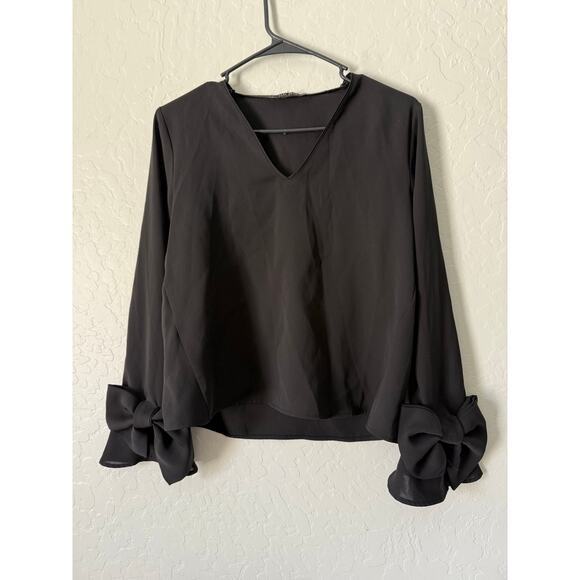 Zara Tops - ZARA Long Sleeve Black V Neck Blouse With Wrist Bow Detail Size M